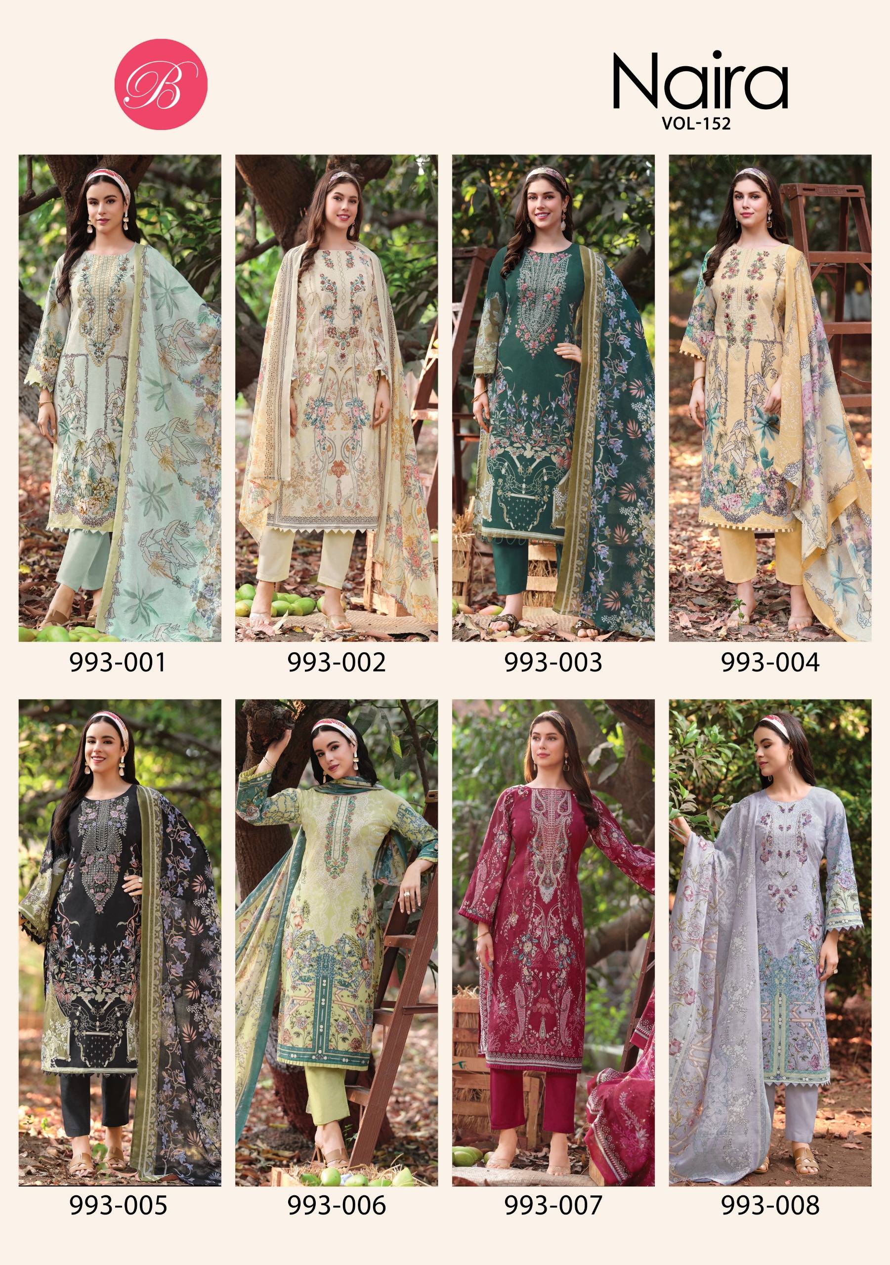 NAIRA VOL152 BY BELLIZA DESIGNER 993 Series 001 TO 008 Indian Traditional casual wear Pakistani Pure Cotton dresses At Wholesale Price
